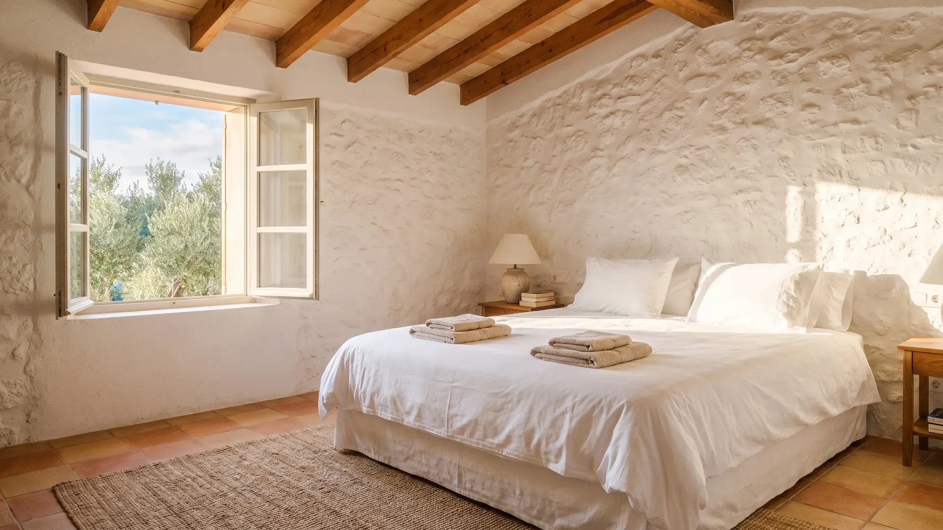 Dormitorio preparado de una villa de alquiler vacacional en Mallorca