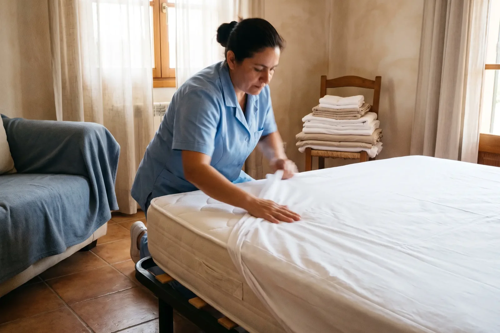 Persona colocando un protector de colchón limpio en una habitación de alquiler vacacional