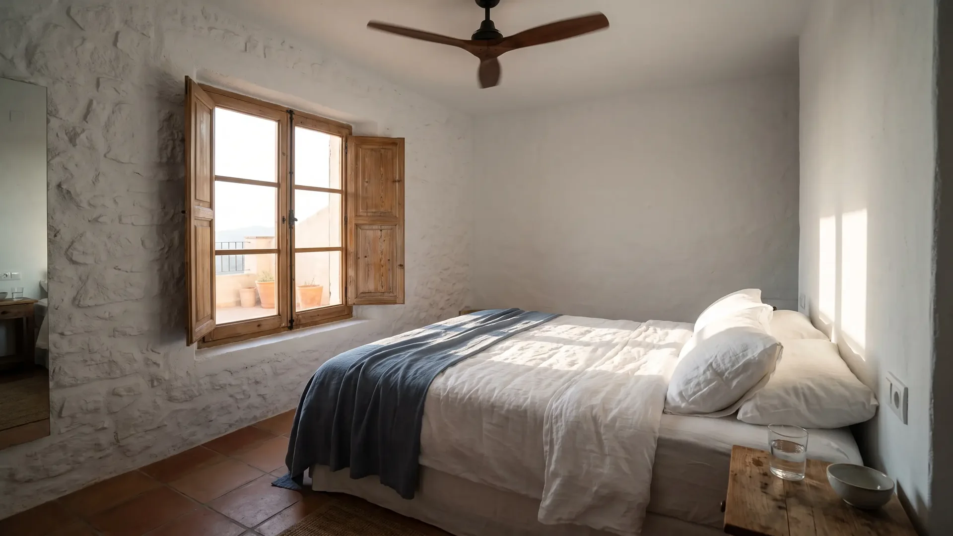 Dormitorio mediterráneo en verano con las contraventanas entreabiertas