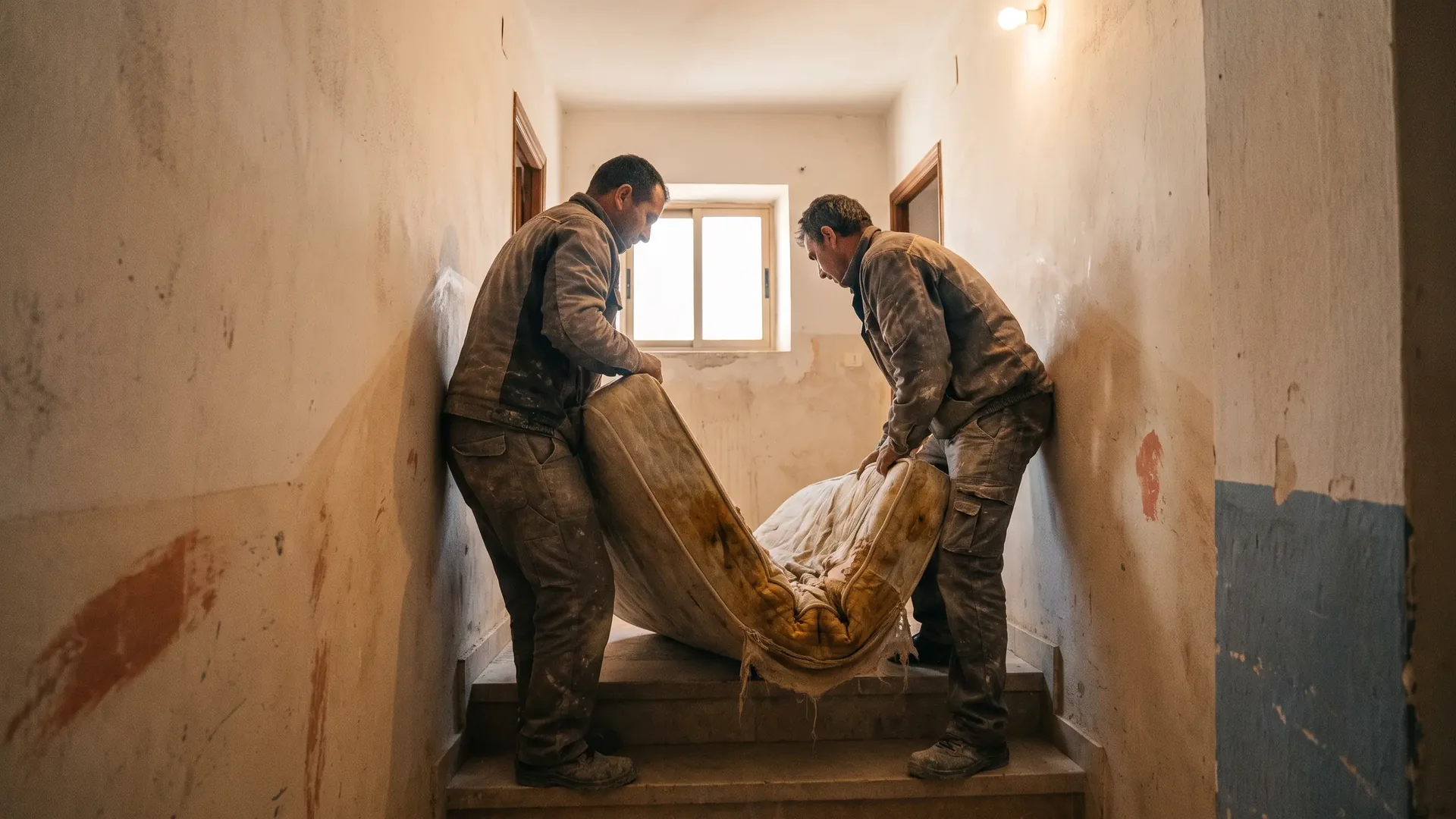 Dos operarios retirando un colchón viejo de una vivienda